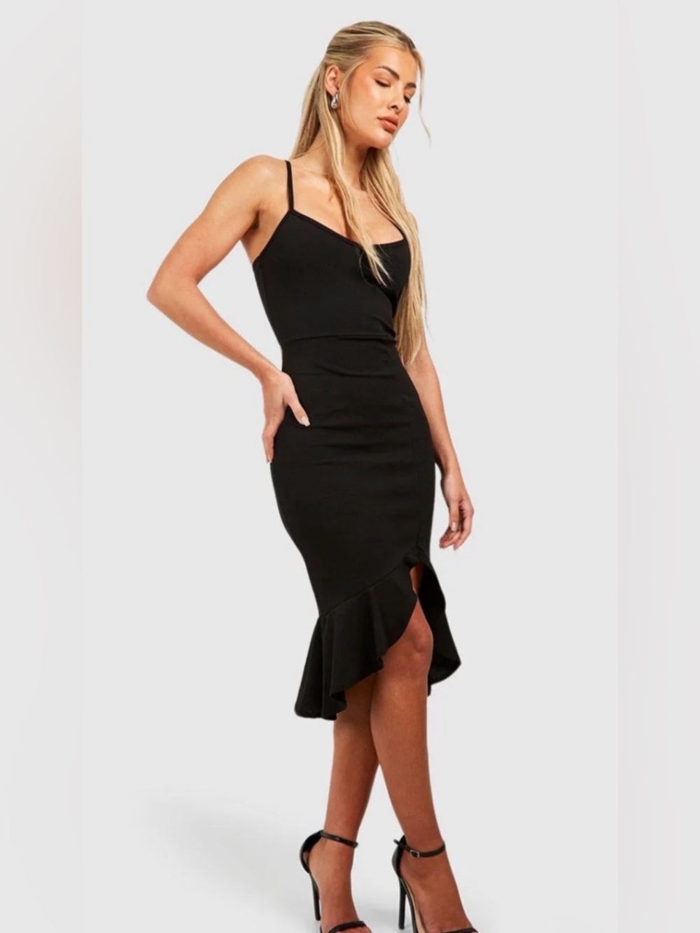 Boohoo Black Spaghetti Strap Midi Dress with Ruffle Hem